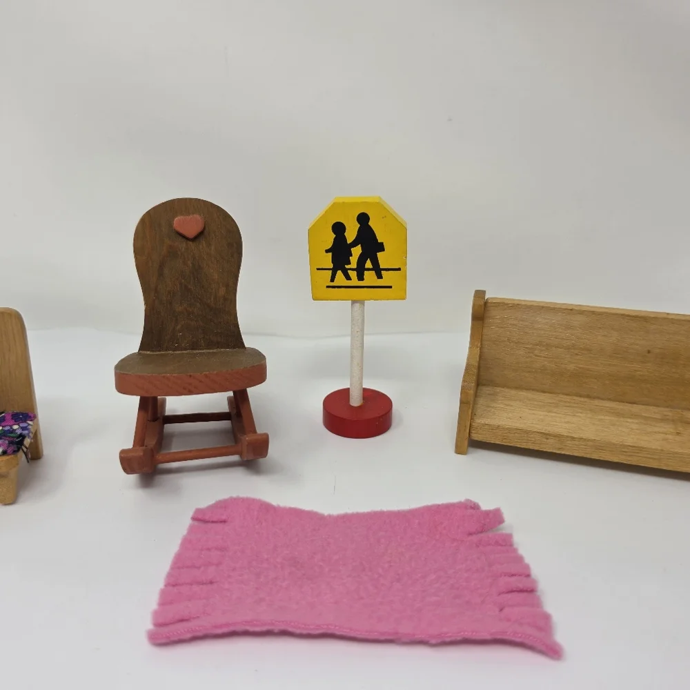 Wooden Doll Furniture with Pink Prrend Play Blanket